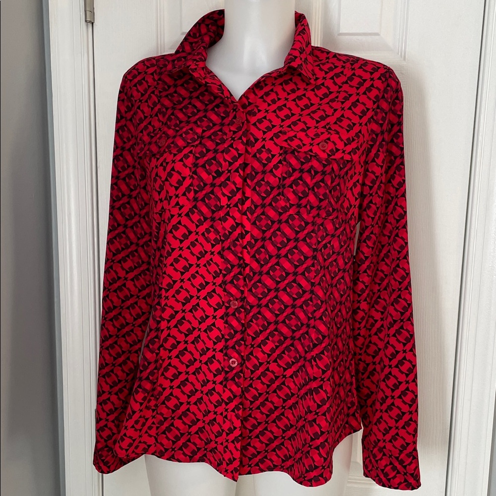 DANA BUCHMAN VIBRANT RED MOSIAC & BLACK PATTERNED BUTTON DOWN BLOUSE SHIRT SZ M